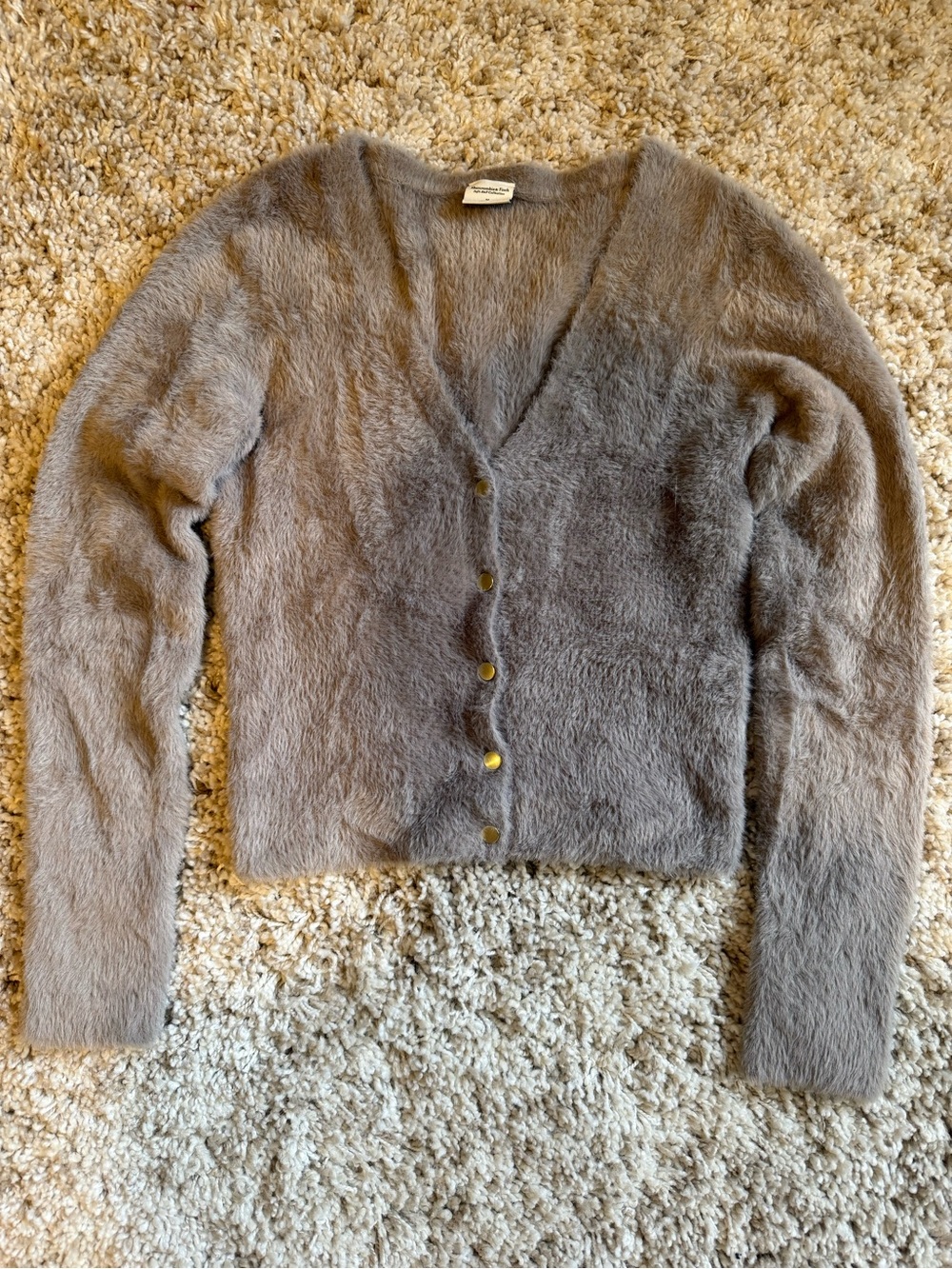 Abercrombie & Fitch Soft V-Neck Taupe Fuzzy Button-Front Sweater